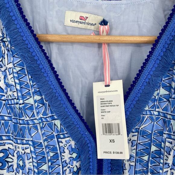 Vineyard Vines Tank Blue White Cay Scarf Print Nautical V-Neck Fringe Coastal XS - Picture 4 of 9